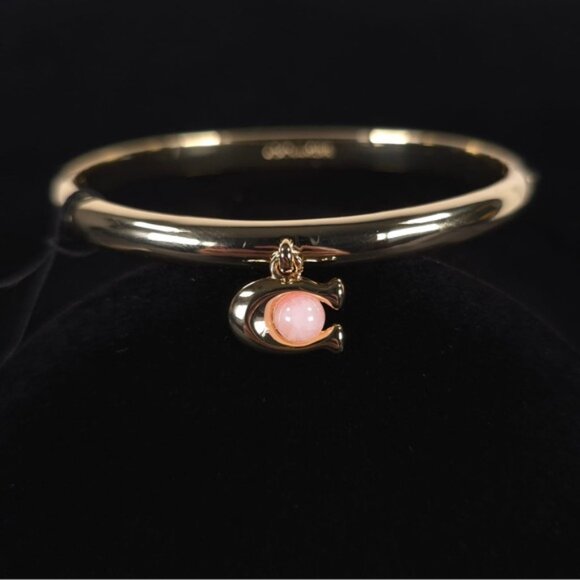 NWT COACH Women’s Goldtone C Charm w/ Rose Quartz Bangle Bracelet - Picture 6 of 14
